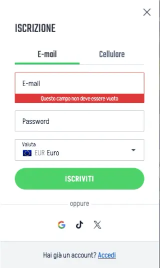 Schermata di registrazione Winnita Casino